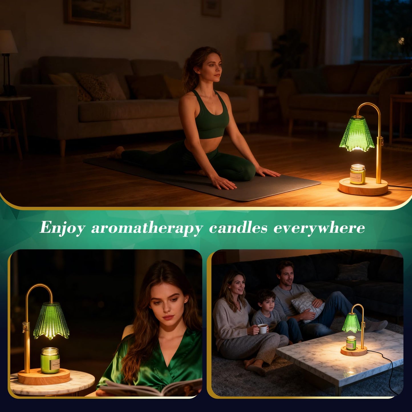 WYghyronic Candle Warmer Lamp with Adjustable Height - Flameless 4-Level Dimmable Wax Warmer with Colorful Glass Shade & Wooden Base, Timer Function & Stylish Design in Multiple Colors (Green 2)