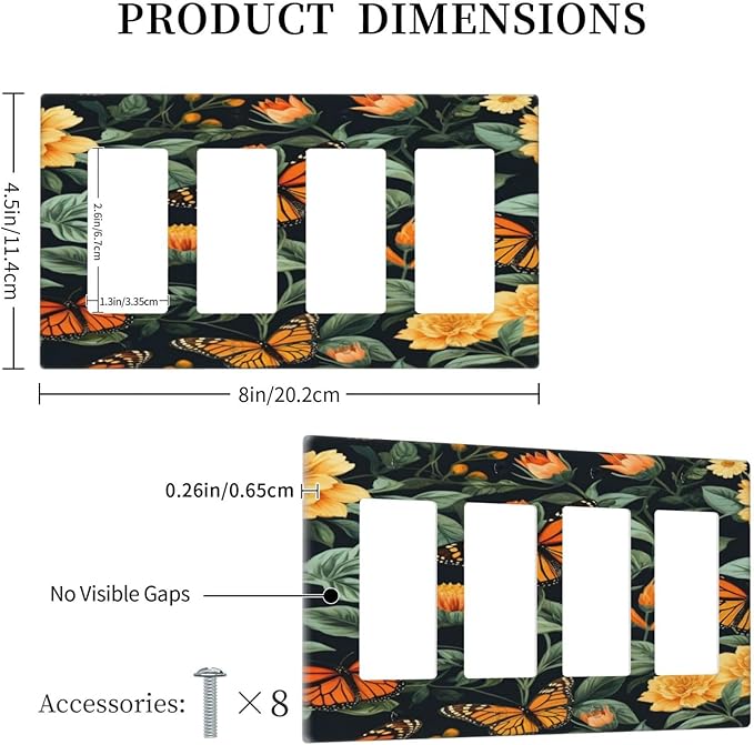 Butterflies Flower Garden Light Switch Cover 4 Gang Rocker Decora Outlet Covers Wall Plate Decorative Switchplate Electrical Faceplate GFCI for Farmhouse Living Bedroom Decor