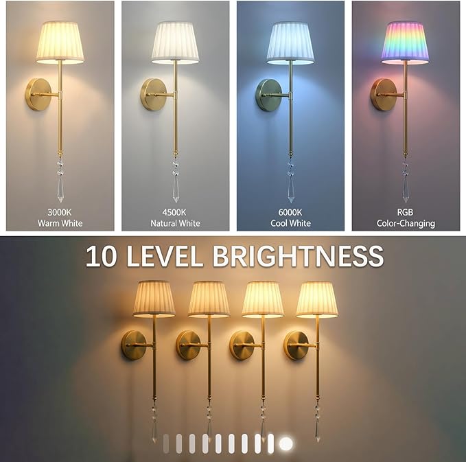 Battery Operated Wall Sconces Set of Two, Rechargeable Wall Sconce Wireless Battery Wall Lamp with 15 Colors RGBCW Dimmable Magnetic Bulbs & Remote for Bedroom Living Room Hallway Decor Gold