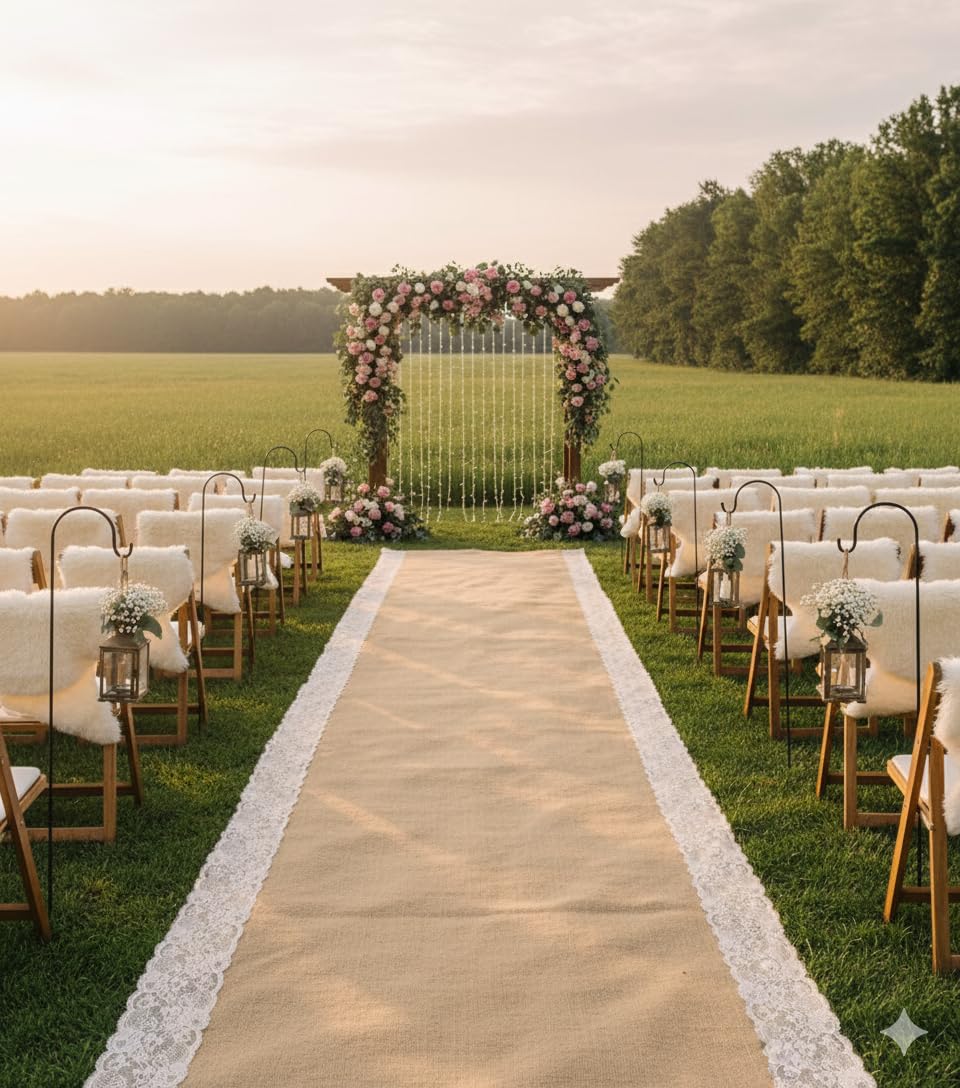 AAYU Premium Burlap Outdoor Wedding Aisle Runner with 5" Wide Ivory Lace Attached Edges, 40 Inch Wide 100 feet Long (40 Inch X 100 Feet)