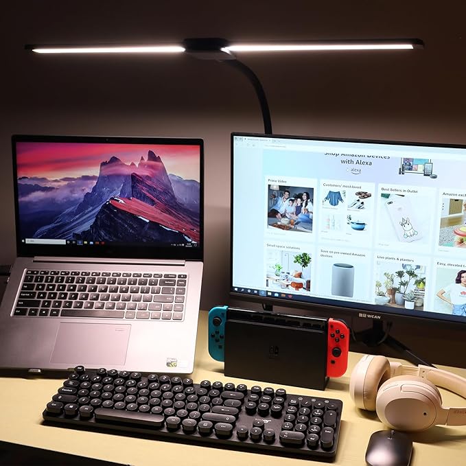 LED Desk Lamp with Two Heads, Clamp On Desk Lamps, 12W, 2000 LMS, CRI>90, 5 Color Modes (2700K-6500K), Various Brightness Levels, Adapter Included