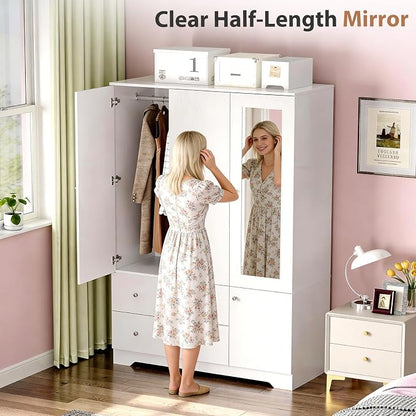 VINGLI Armoire Wardrobe Closet with Doors and Mirror,47"W Wardrobe Cabinet Wooden with Hanging Rod & Shelves Inside, 4 Door Bedroom Armoires with Drawers, Modern White Freestanding Armoire for Bedroom