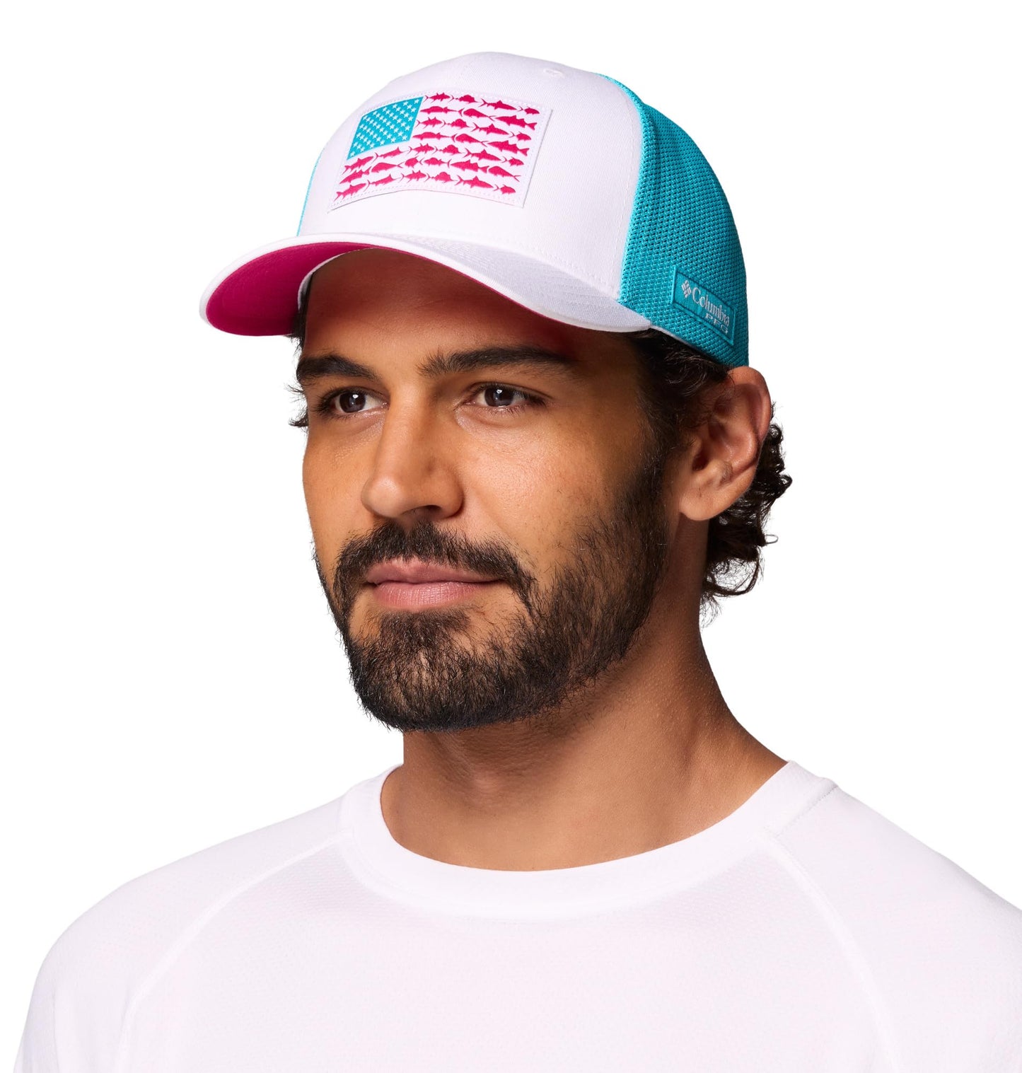 Columbia Unisex PFG Fish Flag Mesh Ball Cap, White/Guava Pink/Fish Flag, XX-Large