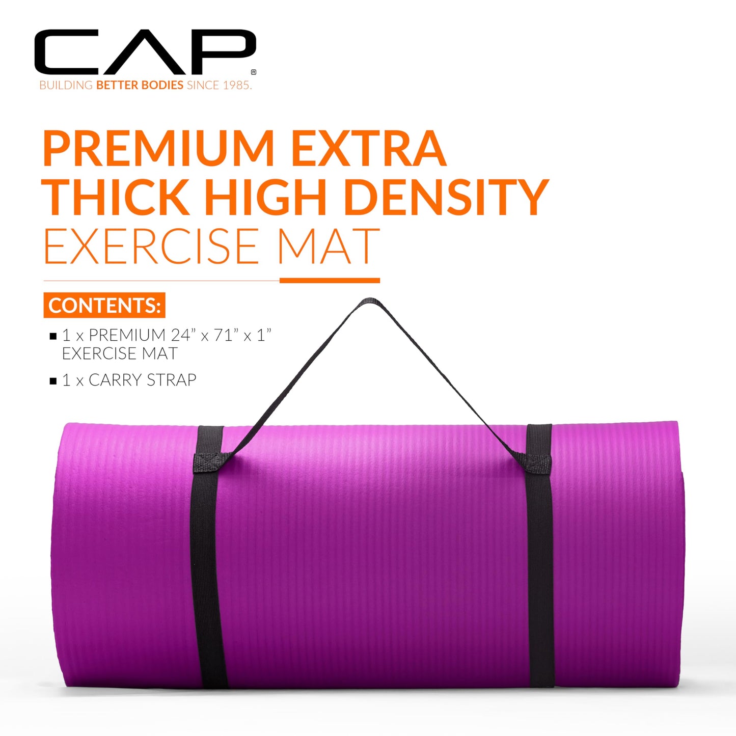 CAP Barbell 1-Inch High Density Exercise Yoga Mat with Strap | Multiple Colors
