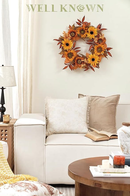 WELL KNOWN 21 Inch Burnt Orange Sunflower Wreaths for Front Door, Summer and Fall Door Wreath, Handmade Silk Sunflower Decor for Home Party Festival Wedding Decor