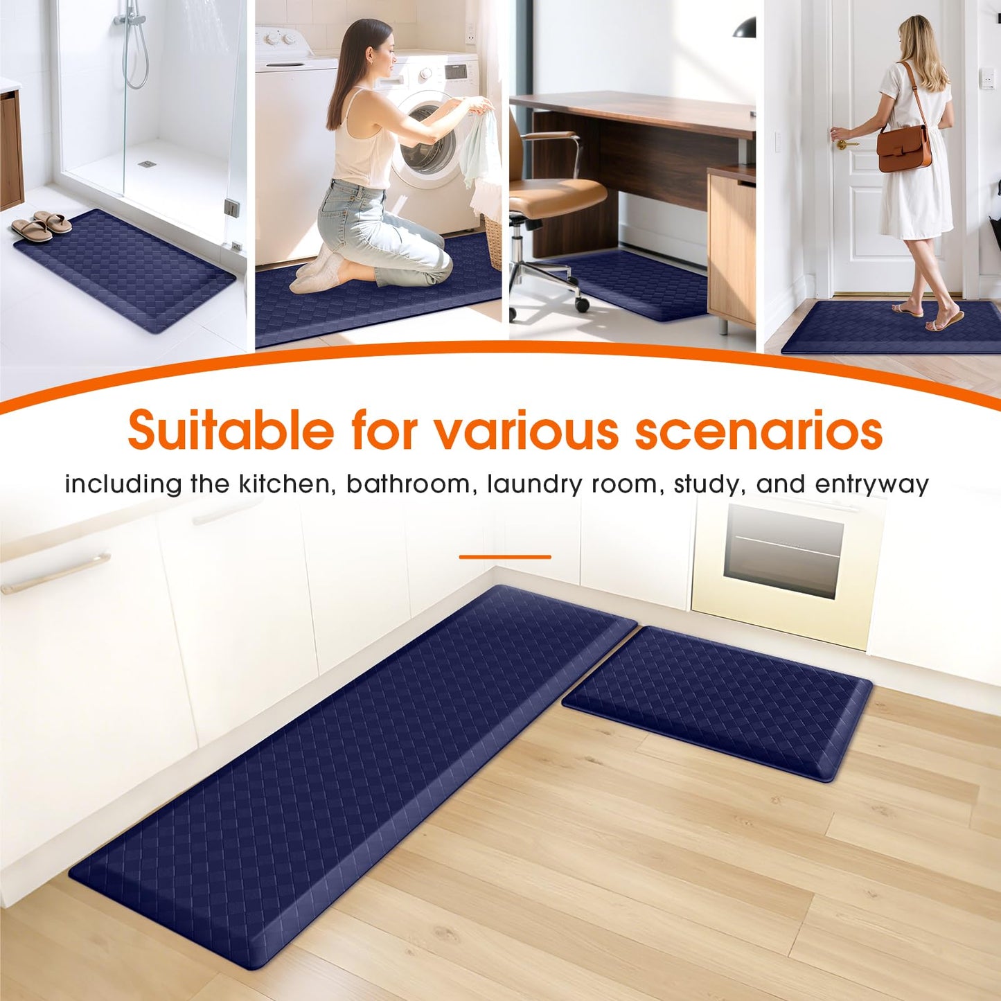 TranquilRelax 4/5 Inch Thick Anti-Fatigue Kitchen Mats 2Pcs, Cushioned Non-Slip Waterproof Sink & Stove Floor Mats, Comfortable Standing Rug Set for Kitchen, Laundry & Entryway, Blue
