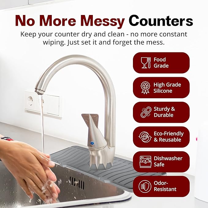 Odrago Silicone Faucet Mat, Countertop and Kitchen Sink Splash Guard, Anti-Slip
