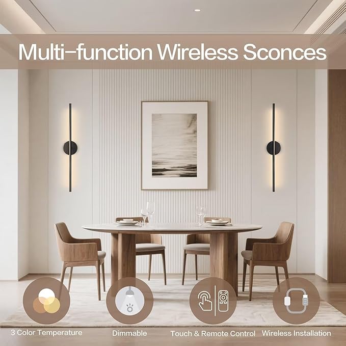 Rechargable Wall Sconce Set of Two, Modern Wireless USB Sconce Lights with Remote, 28.35Inch Dimmable Indoor Home Wall Decor Lights for Bedroom, Living Room, Hallway (Black/Round)