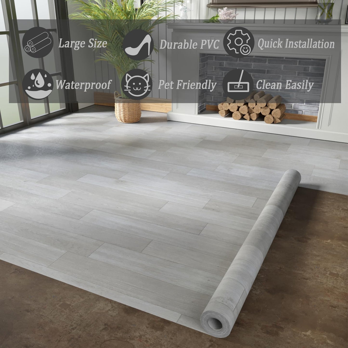 Oxdigi Vinyl Flooring Roll 32 sq.ft | 3'4"W x 9'10"L, PVC Leather-Like Linoleum Floor Covering, Waterproof Durable Heavy Vinyl, Easy to Install with Tape, Removable- No Adhesive Backing, Grey Oak