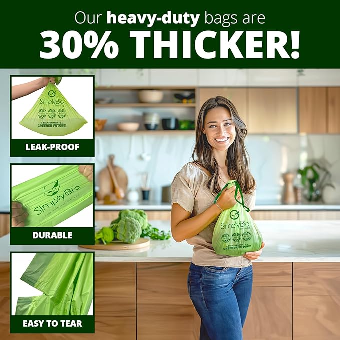 Simply Bio 3 Gallon Compostable Trash Bags Liners Drawstring, Heavy Duty Extra