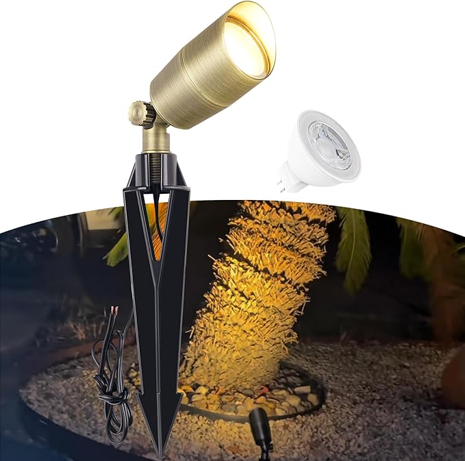 Low Voltage Brass Landscape Light, Solid Outdoor Spotlight with Replaceable MR16 LED Bulb 5W, 2700K Warm White, 12V 24V Landscape Lighting, Waterproof Design for Garden, Yard