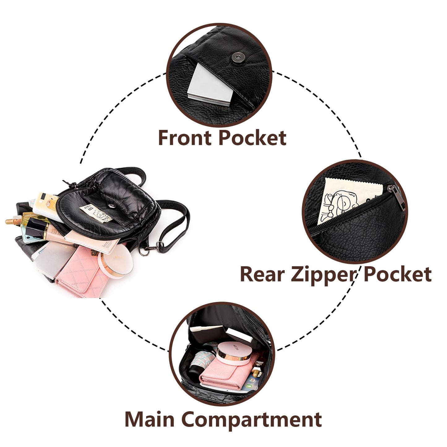HUAZHIMAO Mini Backpack for Women, Soft Washed PU Leather Small Backpack Purse for Women, Waterproof Fashion Shoulder Bag, Ladies Travel Black Rucksack Handbags Bags with Beautiful Flower Pattern