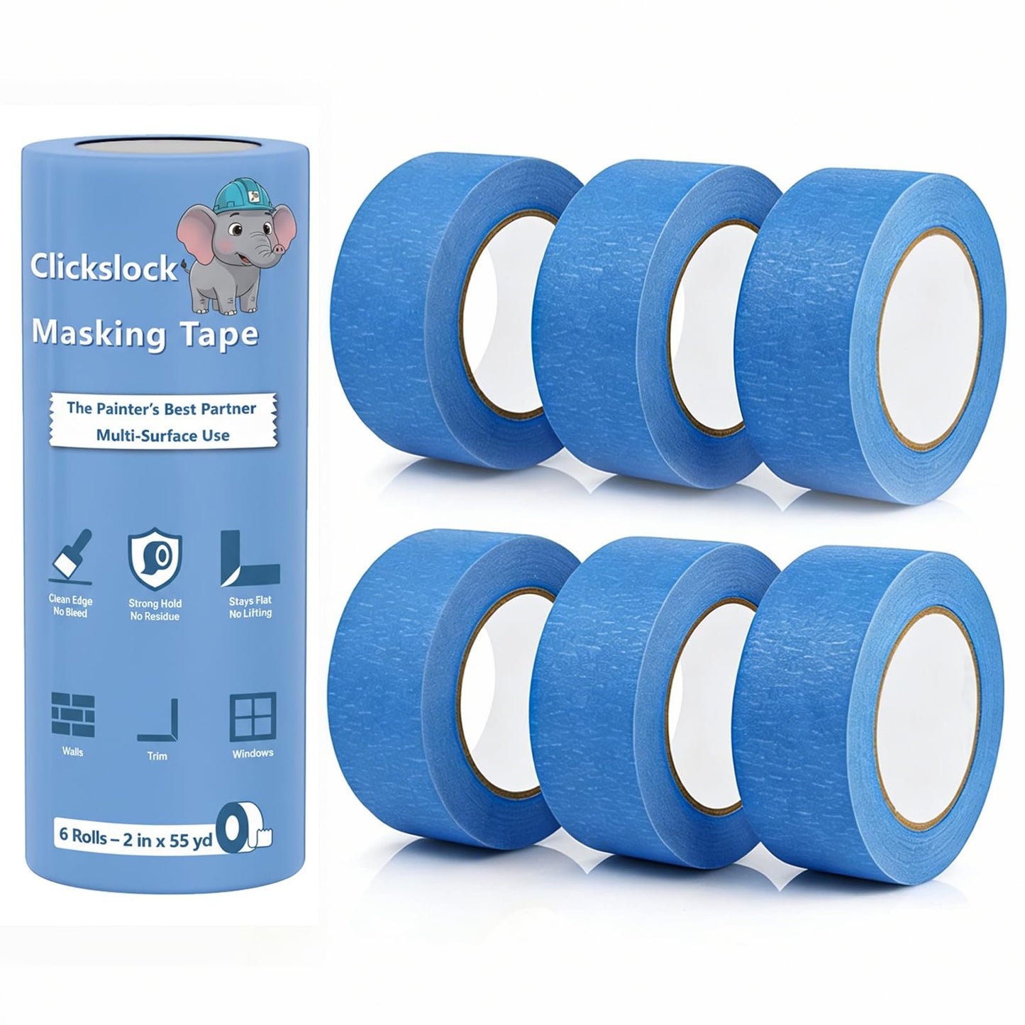 Clickslock 6 Rolls Blue Painters Tape 2 Inch x 55 Yards, Multi-Surface Masking Tape for Home Painting, Clean Removal No Residue, Indoor Outdoor Use, Paint Supplies