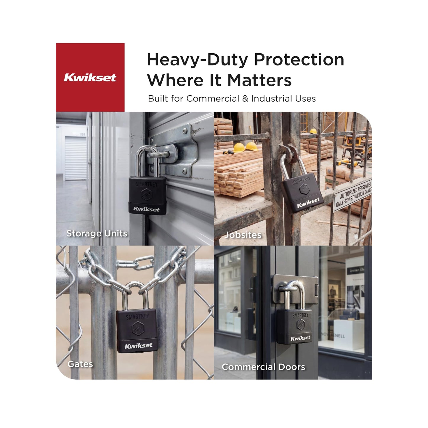Kwikset SmartKey Re-Keyable Laminated Steel Padlock with Boron Carbide Shackle, with Weather Cover, Outdoor Gate and Storage Lock, 2 in Body, 1-1/2 in Shackle, 4 Pack Keyed Alike, Silver