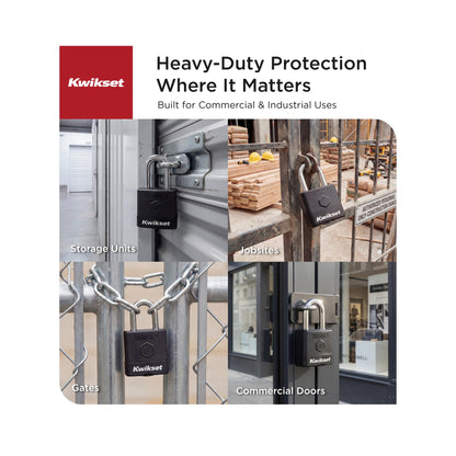 Kwikset SmartKey Re-Keyable Laminated Steel Padlock with Boron Carbide Shackle, with Weather Cover, Outdoor Gate and Storage Lock, 2 in Body, 1-1/2 in Shackle, 4 Pack Keyed Alike, Silver