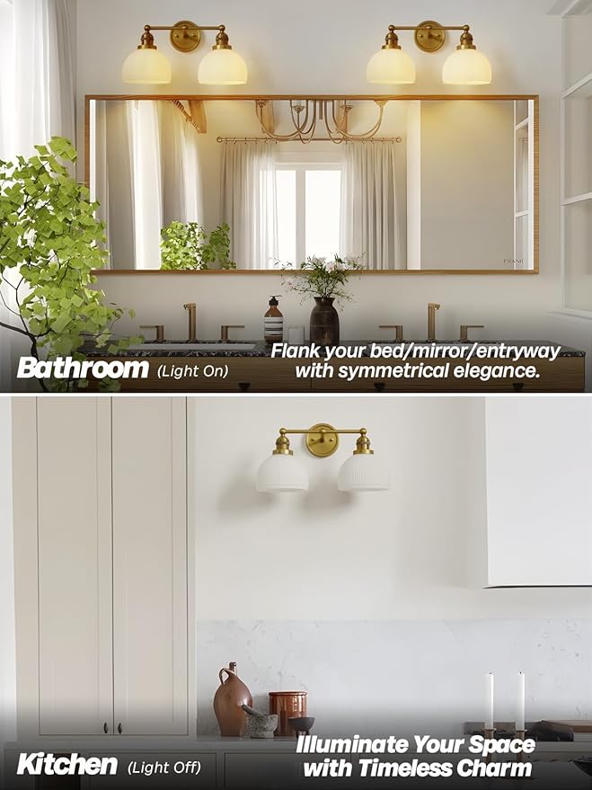 2-Light Gold Wall Sconces,Vintage Bathroom Wall Sconce Light with Milk Glass Double Arm Brass Bathroom Vanity Light for Living Room Bedroom Kitchen E26 Hardwire Indoor