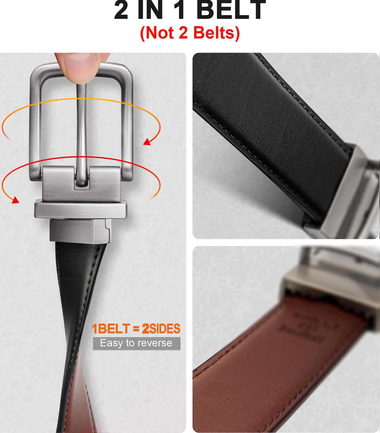BULLIANT Men's Belt,Reversible Belt Adjustable For Gift Men 1.25”-Cut For Fit-2 Sides in 1 Belt(Not 2)(Black/Light Brown,48"-50" Waist Adjustable)