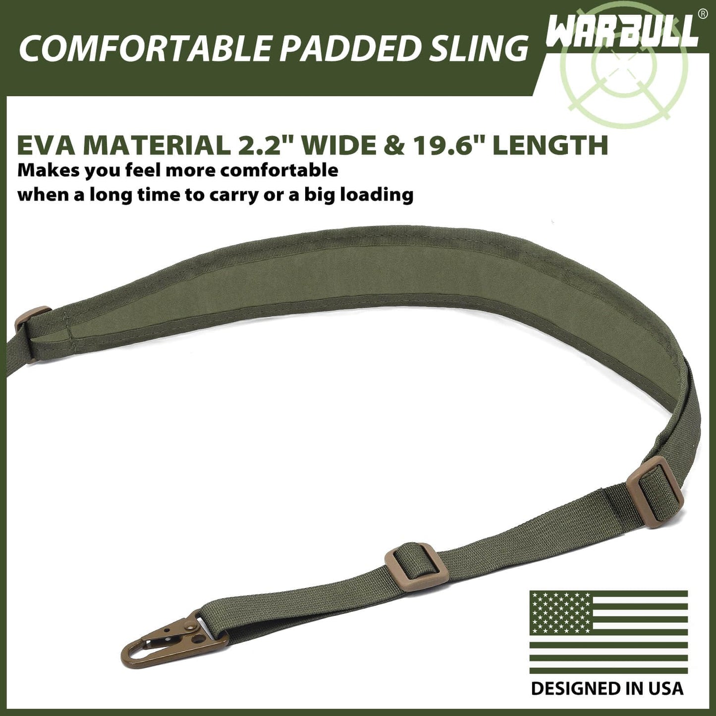 WarBull Quick Adjust Rifle Sling, QD Swivel 2 Point Sling with HK Hook, Soft Shoulder Pad Tactical Gun Sling for Rifle, Shotgun, and Crossbow, for Hunting, Camping, and Outdoor Sports (OD Green)