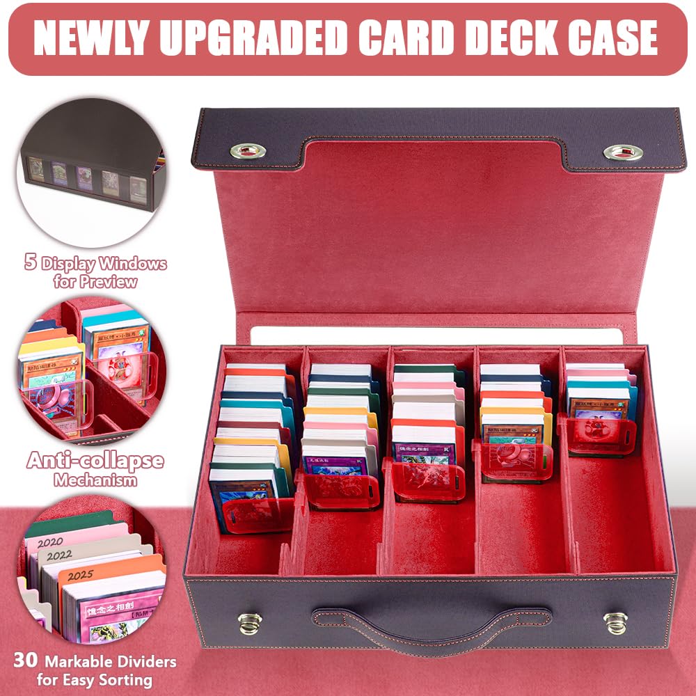 Sesmez 5-Row 3900+ Trading Card Storage Box for MTG, Card Deck Box with Snap-fit Design, 5 Card Sleeves, 10 Stoppers, 80 Dividers and 1 Dice Tray (Black-Red)