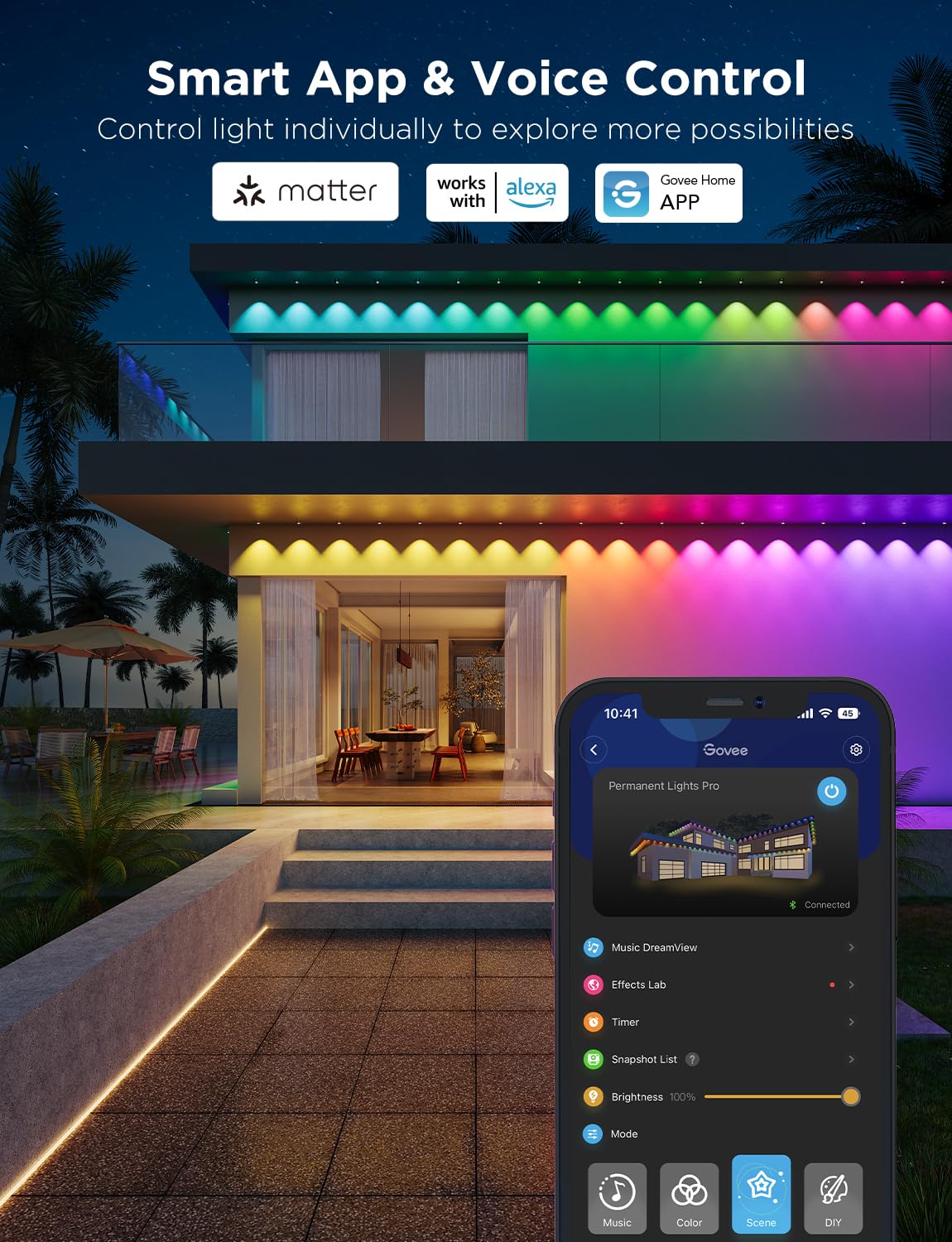 Govee Permanent Outdoor Lights Pro, 200ft with 120 RGBIC LED Lights for Daily and Accent Lighting, 75 Scene Modes for Patio Decor, IP67 Waterproof, Works with Alexa, Google Assistant, Matter, White