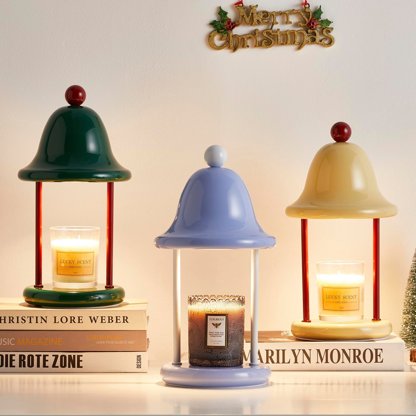 Mahbahole Bell Candle Warmer Lamp with Timer Dimmable, Bedroom House Office Aesthetic Living Girls Room New Home Decor, Christmas Birthday New Year Gifts for Women Mom - Green & Red