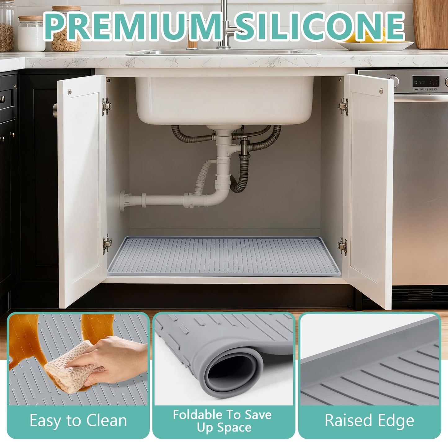 Lanstics 24" x 24" Under Sink Mat for Kitchen Lanstics Under Sink Organizer Waterproof Raised Edge Silicone Mat Sink Protector Silicone Organizers Tray for Kitchen Bathroom
