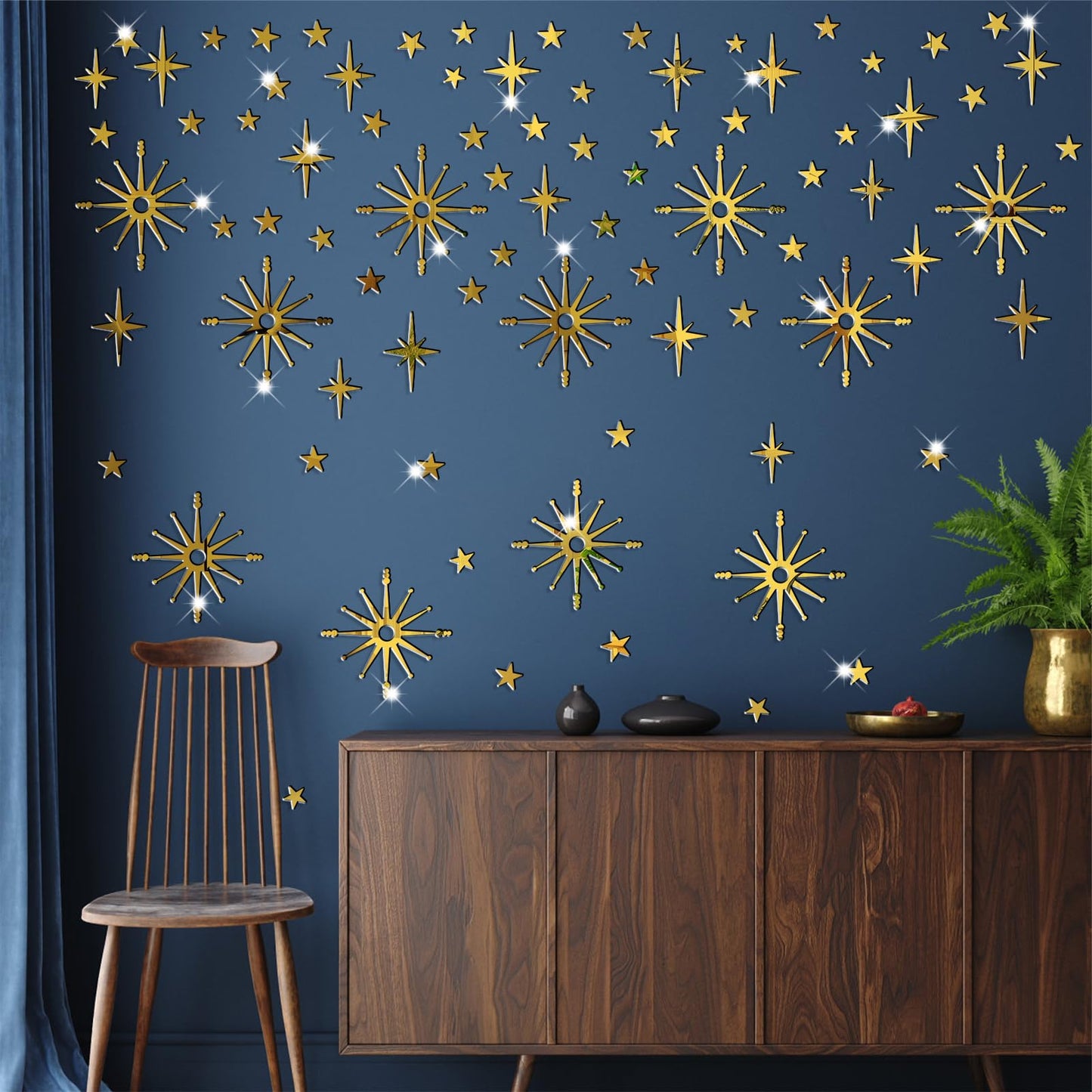 Star Wall Decals Gold Stars Stickers Ceiling Decor Removable Acrylic Mirror Decal Peel and Stick Sparkle Sticker for Wall 3D Midcentury Mirror Art Murals for Bedroom Living Room Nursery Decorations