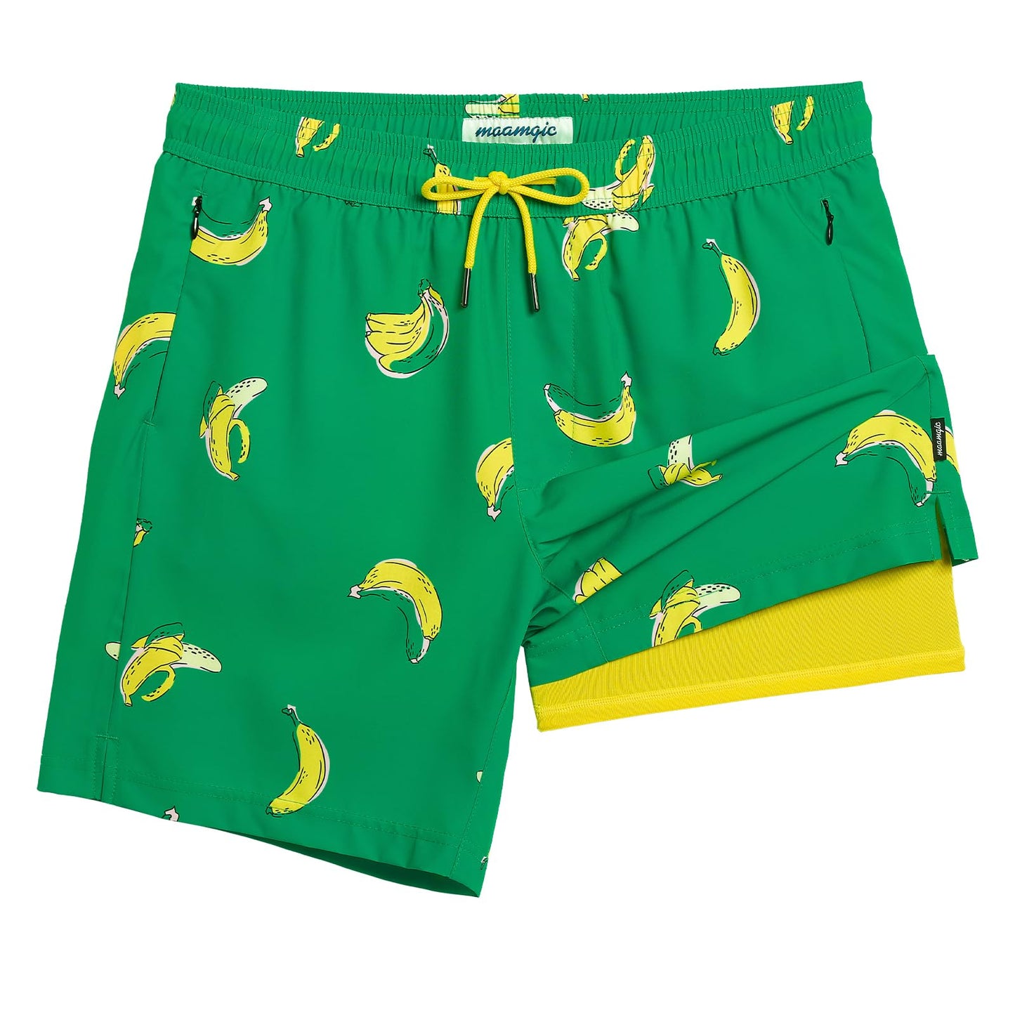 maamgic 2 in 1 Mens Swim Trunks 7 Inch Swim Shorts Swim Suits Board Shorts Falling Banana-Green Large