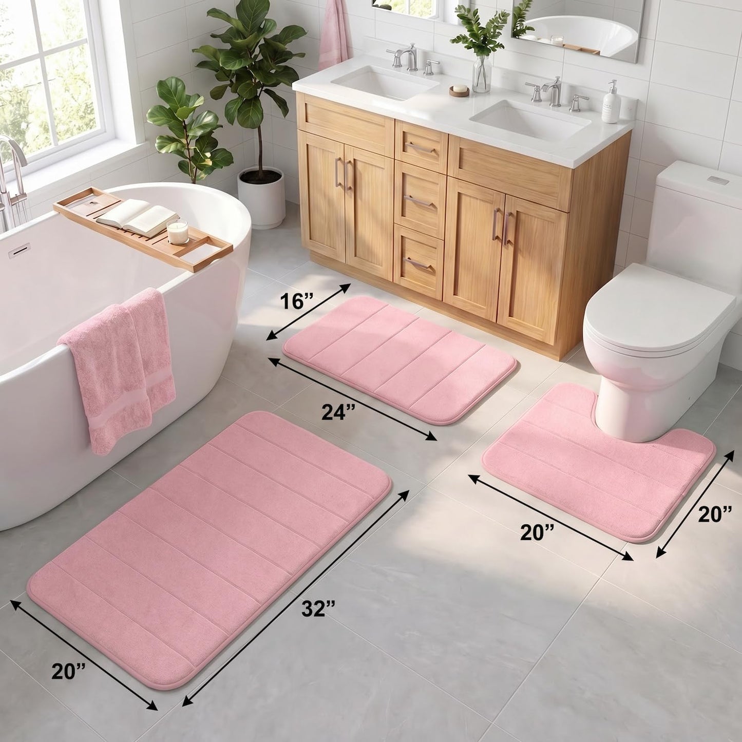 AINAHYVA Bathroom Rugs Set 3 Piece, Memory Foam Bath Rugs, Non Slip Washable Bathroom Rug Set, Extra Soft Absorbent Bath Mats with U-Shaped Toilet Rug, Pink