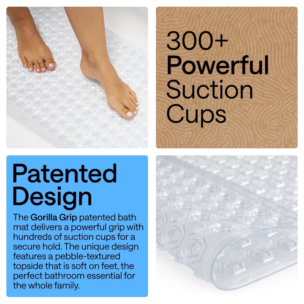 GORILLA GRIP Patented Bath Tub Shower Mat, Machine Washable Bathtub Floor Liner Mats, Suction Cups and Drain Holes to Keep Tubs Clean, Soft on Feet, Bathroom Essentials, 35x16 Inch, Clear