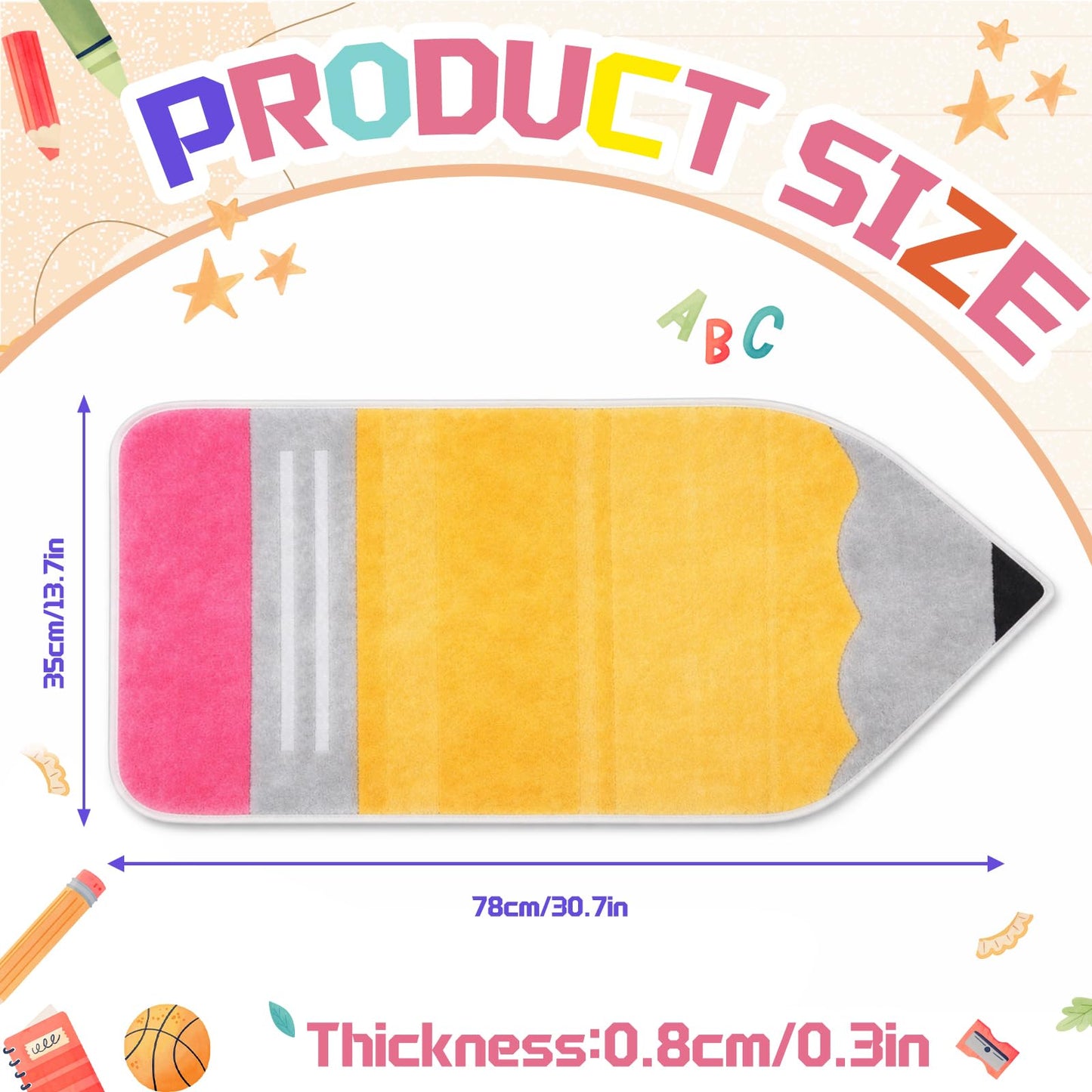 Breling Pencil Classroom Rug Pastel Pencil Shaped Class Doormat Teachers Back to School 14'' x 30'' Fun Soft Faux Non Slip Floormat for Welcome Elementary Kindergarten Room Indoor Outdoor Decor