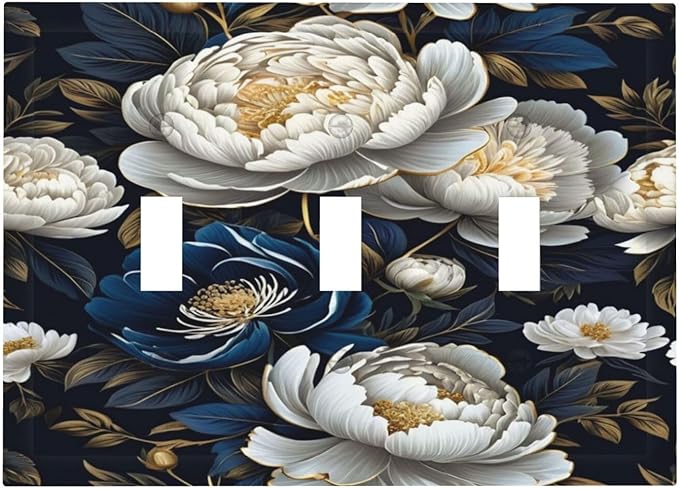 White Gold Blue Flower Light Switch Covers 3 Gang Triple Toggle Wall Plate Decorative Switchplate Electrical Faceplate for Farmhouse Living Decor