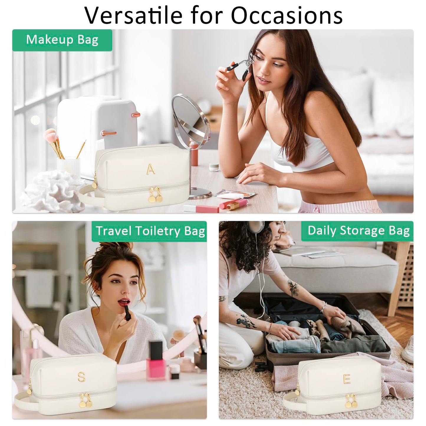 CLOUDWINGS Initial Makeup Bag for Women - Personalized Double Layer Cosmetic Bags with Makeup Brush Organizer, Hanging Travel Toiletry Bag with Large Capacity, Gifts for Mom Girlfriend Wife（Beige E）