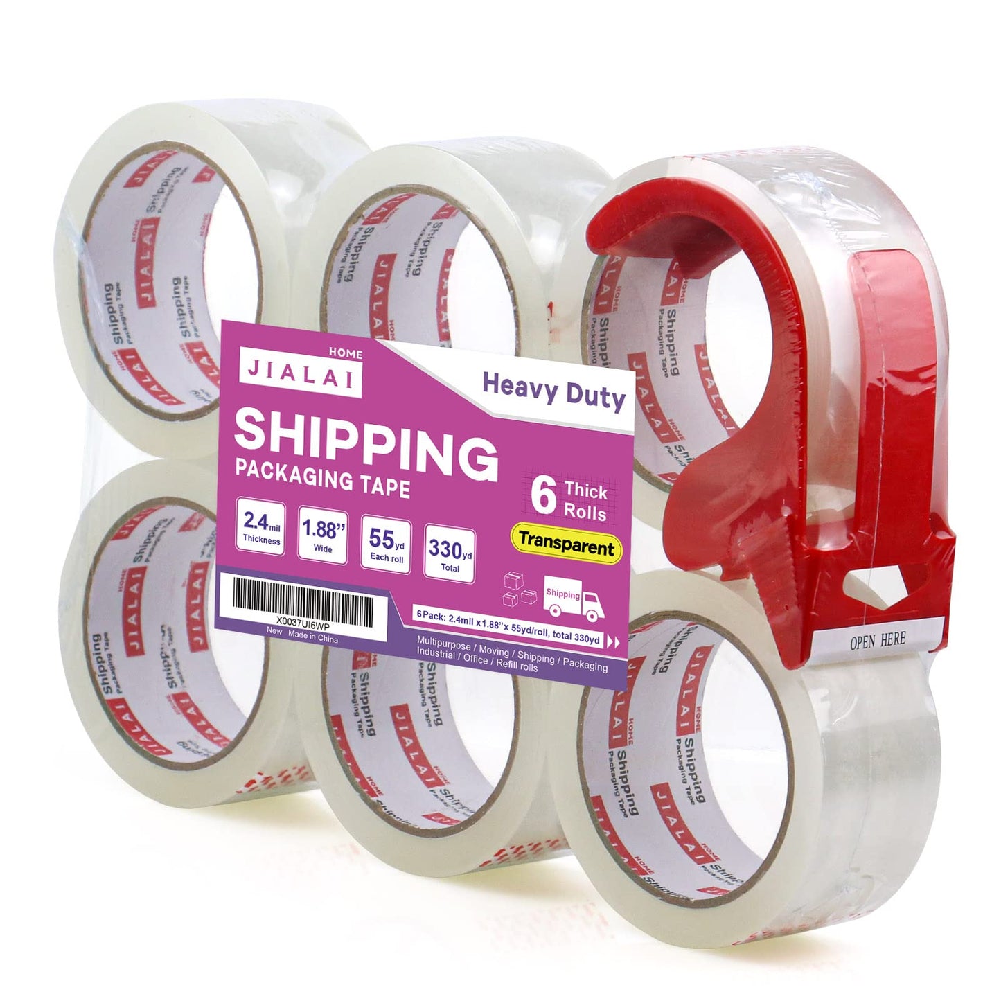 JIALAI HOME Heavy Duty Transparent Packing Tape,6 Rolls with Refillable Dispenser,Industrial Grade Packaging Tape for Shipping Moving Sealing,1.88 inches x 55 Yards Per Roll