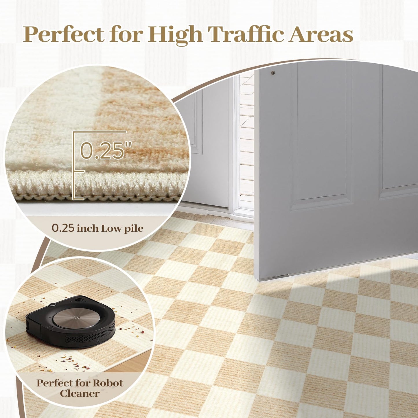 Machine Washable 5x7 Area Rugs for Living Room Checkered, Non Slip Soft Low Pile Farmhouse Geometric Modern Neutral Playroom Boys Rugs for Bedroom, Large Carpet Rugs for Dining Room(Ivory,5'x7')