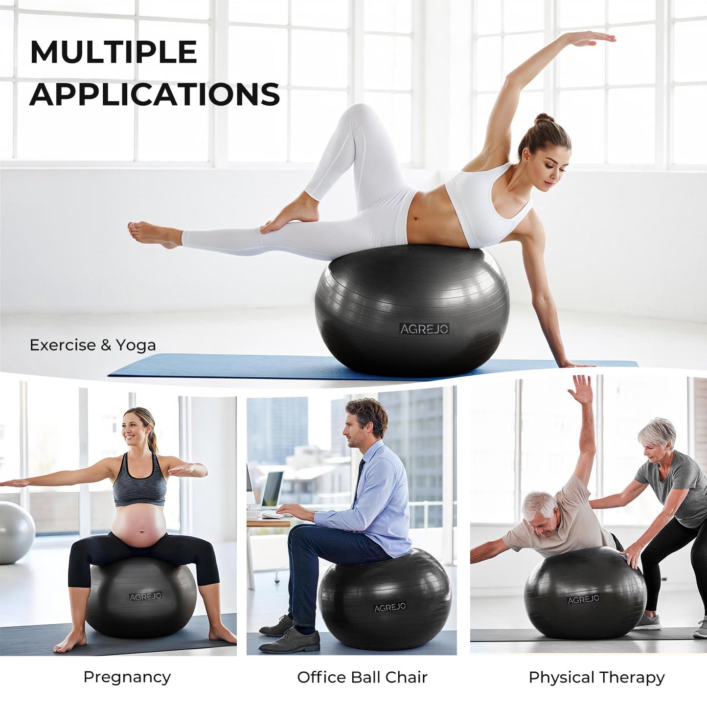 AGREJO Yoga Ball, Exercise Ball for Working Out, Anti-Burst and Slip Resistant for Physical Therapy, Birthing, Stretching, Flexible Seating, Home Gym, with Pump (L: 23-26ines/58-65cm)