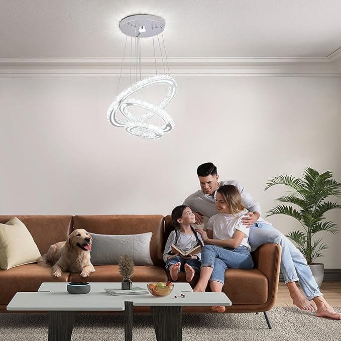 FRIXCHUR LED Chandeliers Crystal Chandelier Modern Ceiling Light Fixture 3 Ring Adjustable Pendant Light Chandelier for Bedrooms Living Room Dinning Room (Cool White)