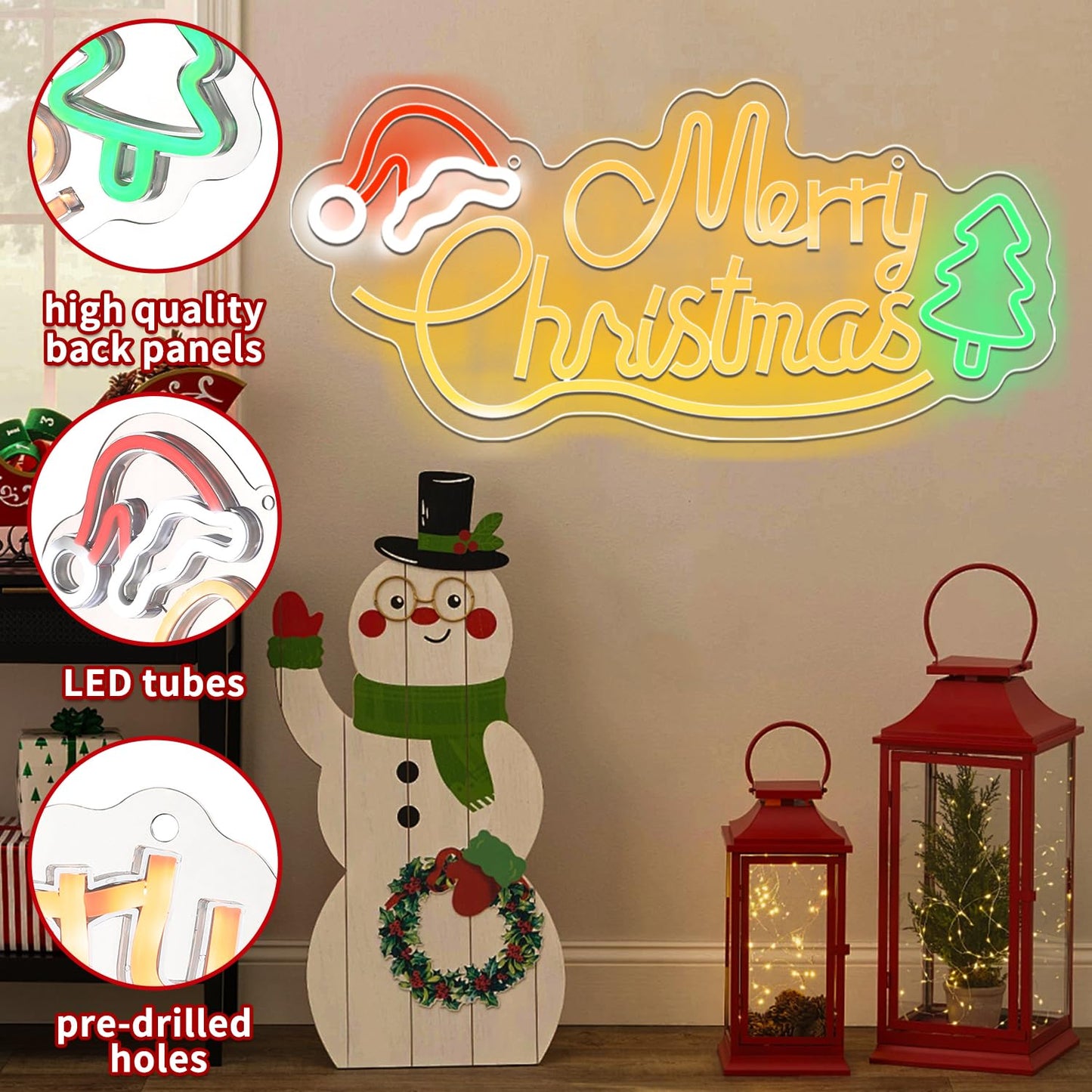 Louxiar Merry Christmas Neon Sign, 16.7" x 7.9" Acrylic Christmas Neon Sign with Xmas Tree and Santa Hat, USB Powered Warm White LEDs for Wall Window Bedroom Living Room Home