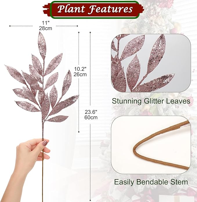 DILATATA 6Pcs Christmas Glitter Leaves Bay Leaves Spray 24" Artificial Rose Gold Bay Leaf Picks Sprays Giltter Stems for Christmas Tree DIY Xmas Wreath Garland Home Decor - Rose Gold