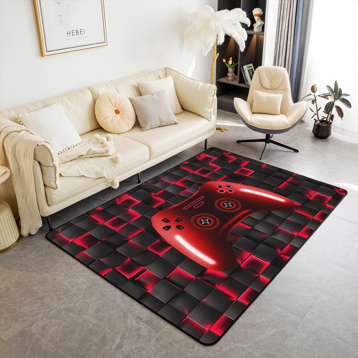 Erosebridal Gamer Non Slip Rug for Boys,Red Gaming Area Rug for Boys,Kids Neon Lights Gamepad Carpet,Ombre Gradient Glowing Checkered Indoor Floor Mat Grid Lattice Decor for Playroom Kitchen 3x5