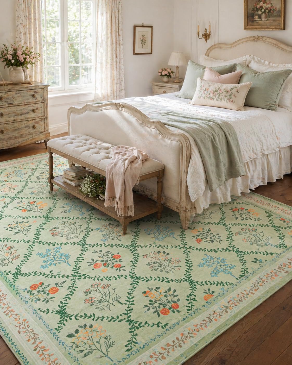 YIHOUSE Green Floral 5x7 Area Rugs for Bedroom Girls, Washable Rug for Living Room Non Slip Ultra-Thin, Large Boho Carpet for Kids Playroom, Classroom, Dorm, Nursery, Green Multi
