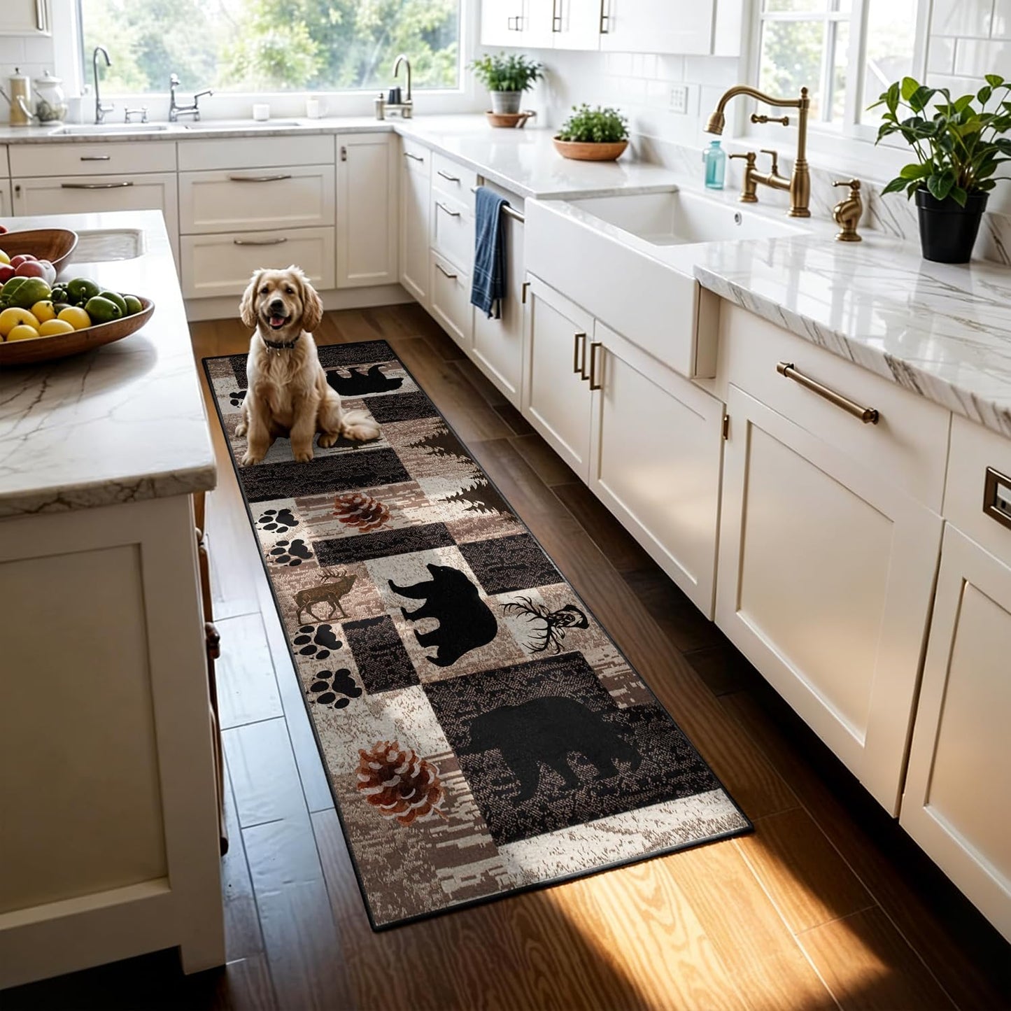 Puyosvr Rustic Lodge Runner Rug,2x7ft,Western Country Bear Elk Deer Wildlife Log Design,Forest Landscape Hunting Theme Rug,with Non Slip Backing Washable Rugs, Non Slip Pet Friendly Rug for Hallway