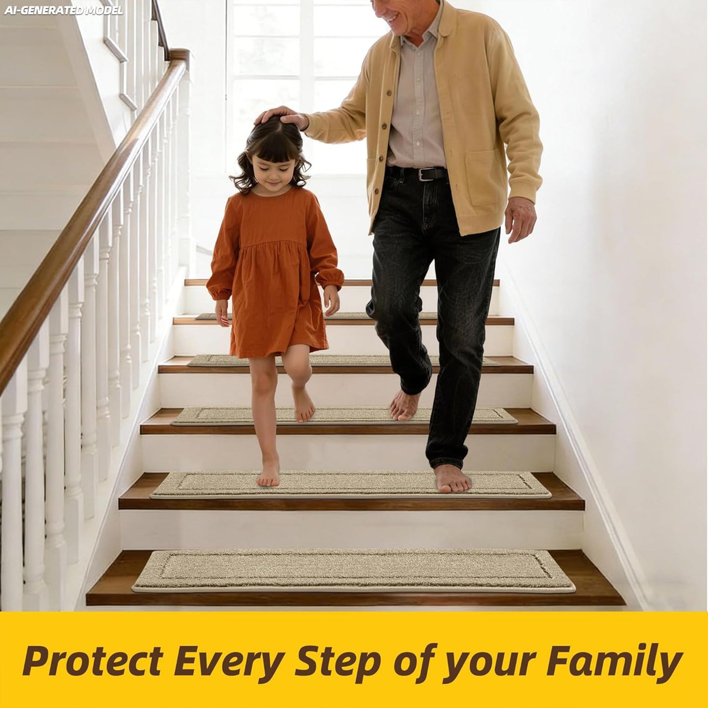 JSEI Stair Treads for Wooden Steps Indoor, 15-Pack Non Slip Stair Treads 30" x 8", Washable Polyester Stair Mats with TPE Backing, Low Profile Stair Rugs for Kids, Seniors and Dogs, Beige