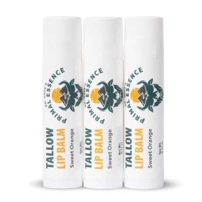 Dr. Dave's Primal Essence Moisturizing Tallow Lip Balm - Grass-Fed Beef Tallow with Organic Coconut Oil, Beeswax and Vitamin E - Sweet Orange, 3-Pack