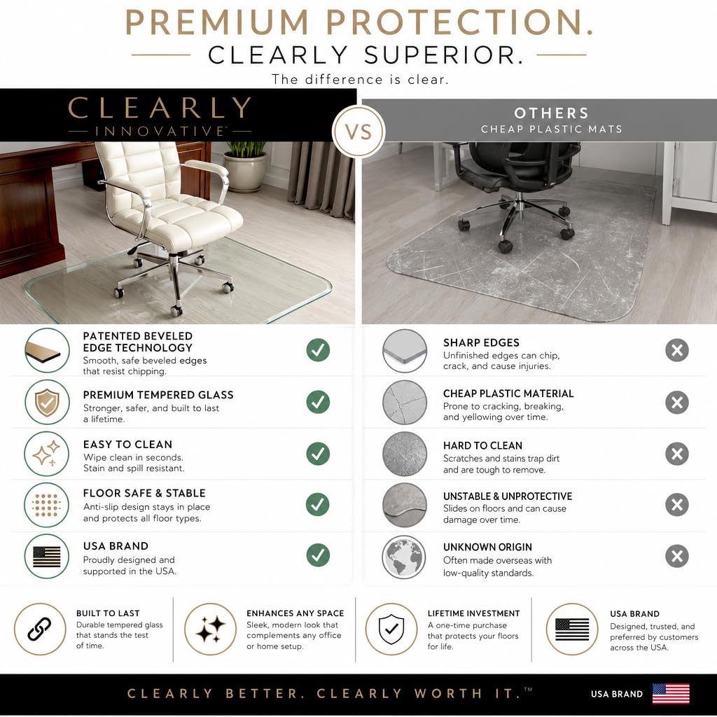 Office Chair Mat for Carpet & Hardwood Floors - 36x46 Tempered Glass Chair Mat with Beveled Edge, Heavy-Duty 1,000 lb Capacity, Smooth Glide Floor Protector by Clearly Innovative