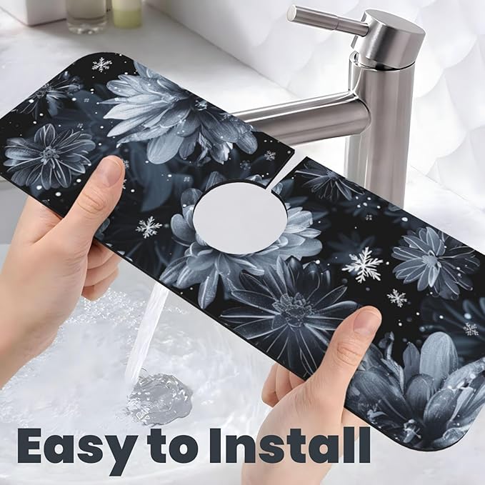 Faucet Draining Mat For Kitchen Sink, Stylized Gray Chrysanthemum Flowers