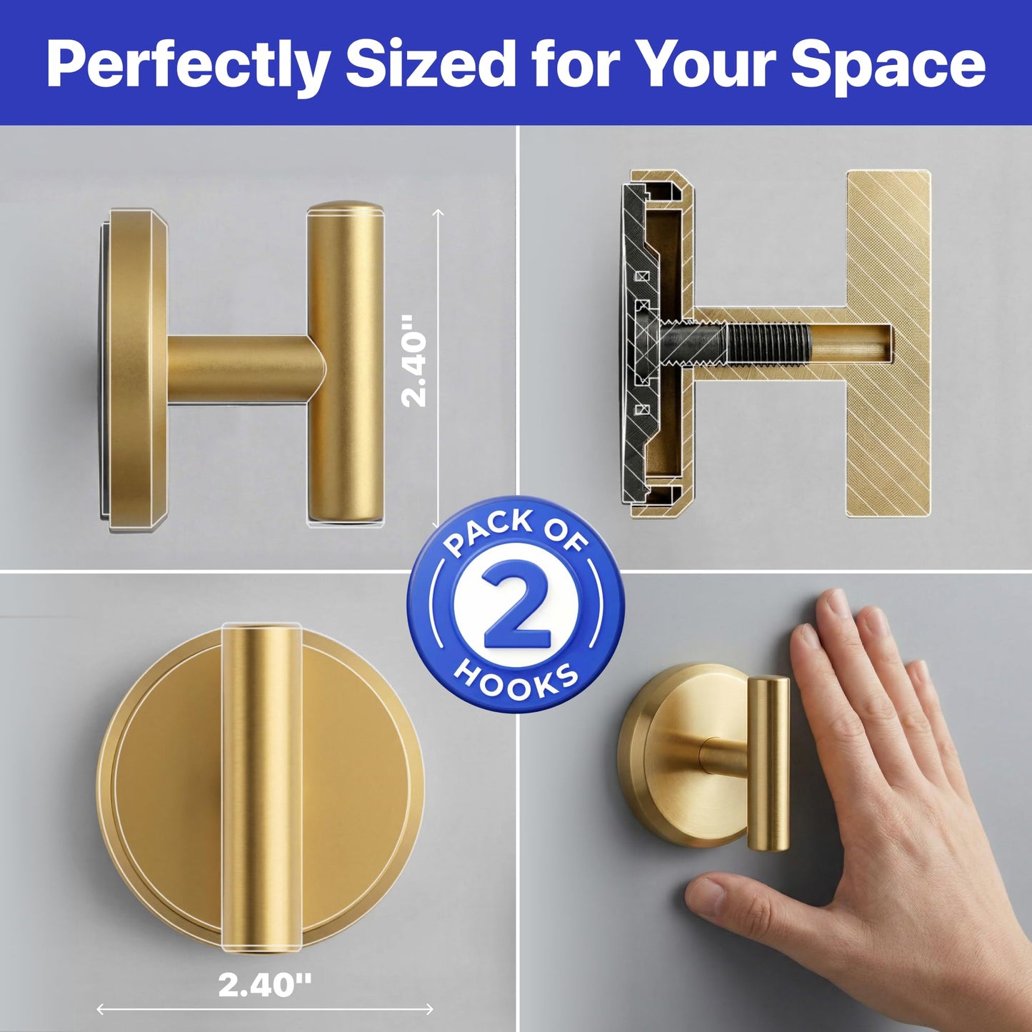 HOME SO Suction Cup Hooks for Shower & Bathroom Towel Holder 2-Pack – Suction Cups Hooks for Hanging Towels, Robes, & Coats - Tiles, Glass Door or Mirror – Shower Hooks & Towel Hooks - Gold T-Shape