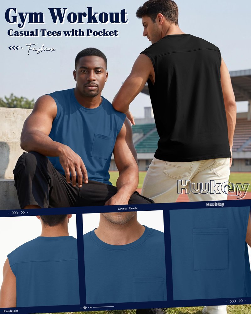 Huukeay 3 Pack Cotton Men's Big and Tall Sleeveless Tank Tops Muscle Shirts Gym Casual Workout Tees with Pocket(Black, Light Gray, Blue,Large)
