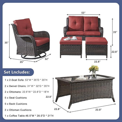Rilyson Wicker Patio Furniture Set - 6 Piece Rattan Outdoor Sectional Conversation Sets with 2 Swivel Rocking Chairs,2 Ottomans,1 Loveseat and 1 Coffee Table for Porch Deck Garden(Brown/Red)