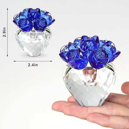 LONGWIN Crystal Rose Flower Figurines Collectible Glass Spring Bouquet with Vase Home Decor Romantic Gifts for Women Blue